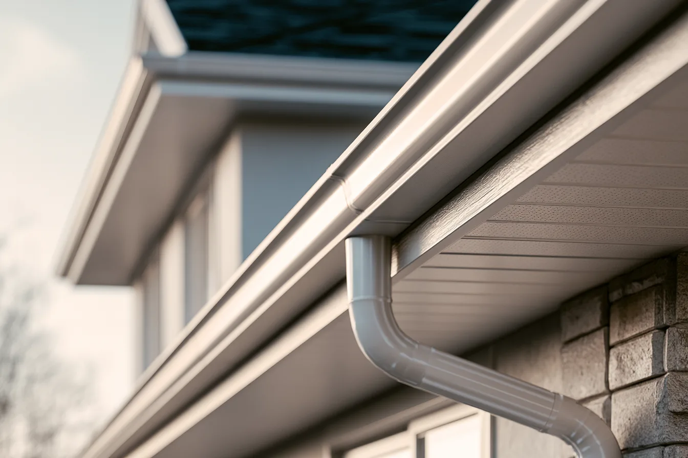 White gutter and curved downspout below a vented soffit